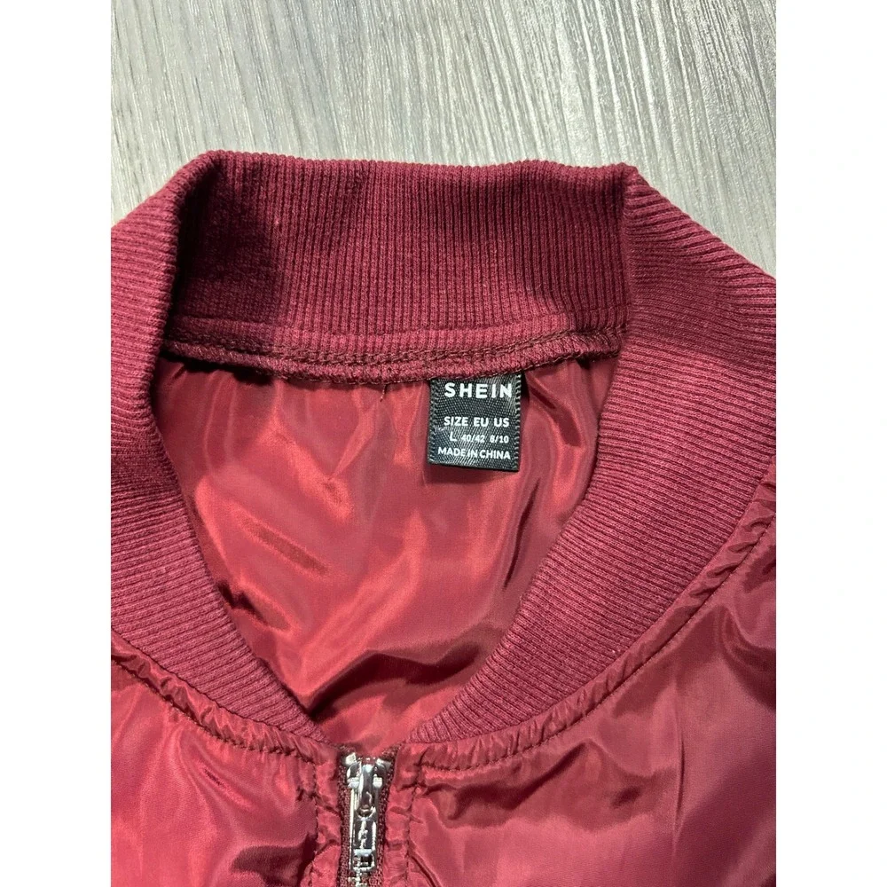 SHEIN Burgundy Red Bomber Jacket Full Zip Side Pocket Ribbed Cuffs Womens Size L